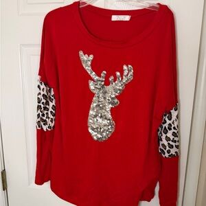 Red Sequin Reindeer Top with Leopard Sleeves